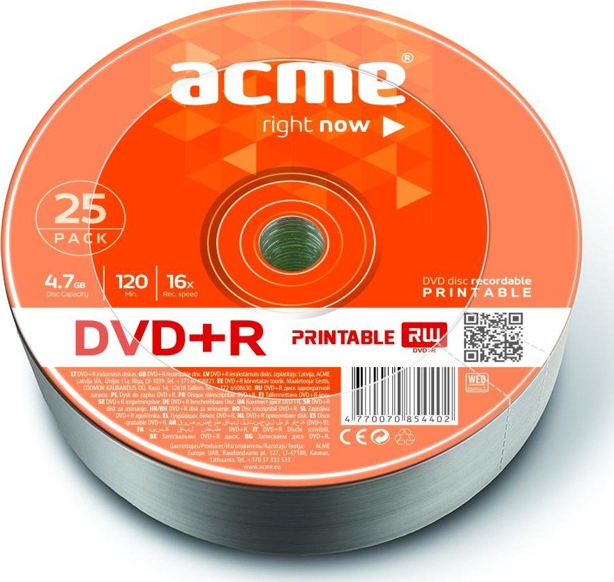 Диск acme DVD+r 4.7gb 16x 25шт cake Box (4770070858288)